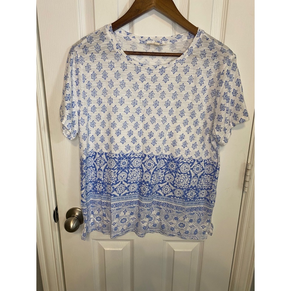 Lucky Brand T-Shirt Women's Medium Blue White‎ Medallion Print Cotton Modal